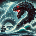 Leviathan sea monster emerging from stormy ocean waves with fiery breath, glowing scales, and serpentine body – biblical and mythological chaos symbol