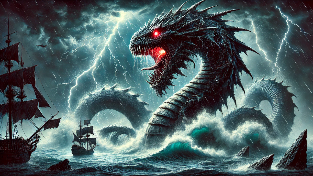 Leviathan sea monster emerging from stormy ocean waves with fiery breath, glowing scales, and serpentine body – biblical and mythological chaos symbol